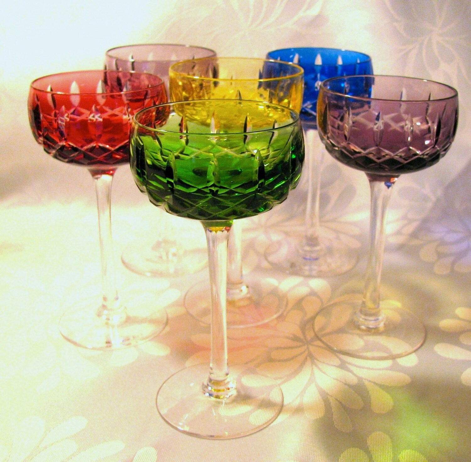 Six Crystal Harlequin Stemware Wine Glasses Multicoloured