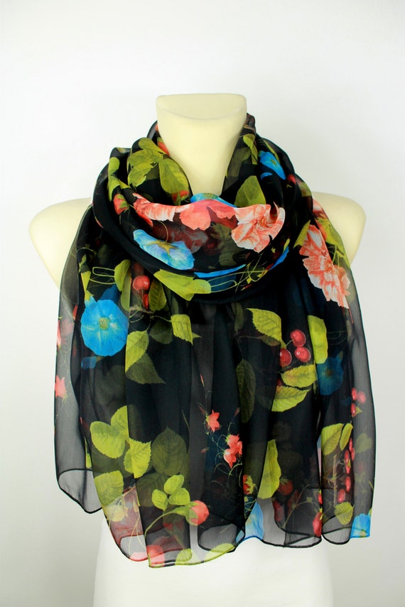 Floral Silk Scarf Printed Chiffon Scarf Birthday Gift Women Gift for her Summer Outdoors Summer Party Womens Summer Accessories Large Size