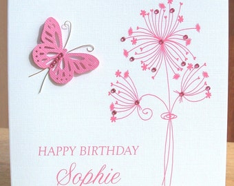 Personalised card, birthday card, floral birthday card, butterfly card, pink birthday card, greeting card, handmade card, 3D birthday card