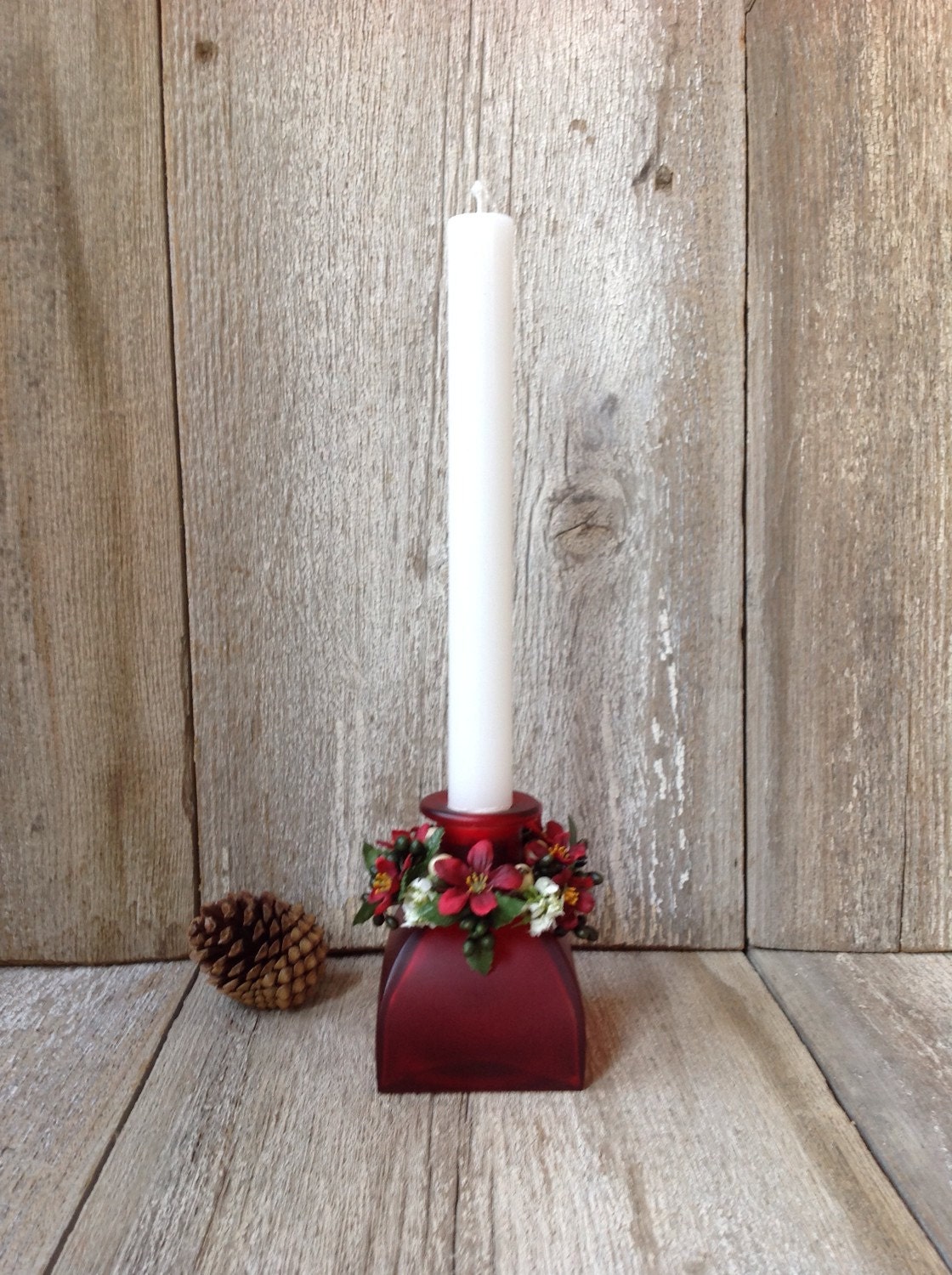 Deep Red Glass Antique Candle Holder Adorned by RWreathsAndThings