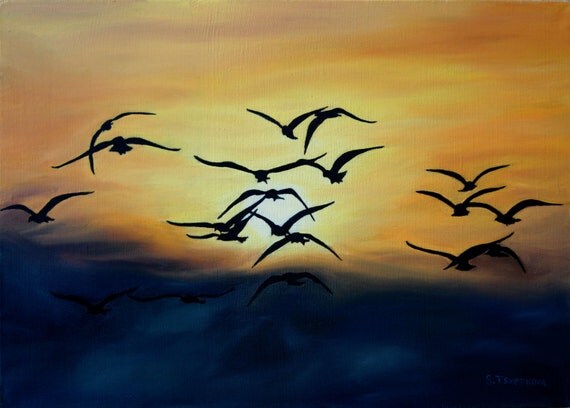 Flying birds Original oil painting Oil on Canvas Sunrise