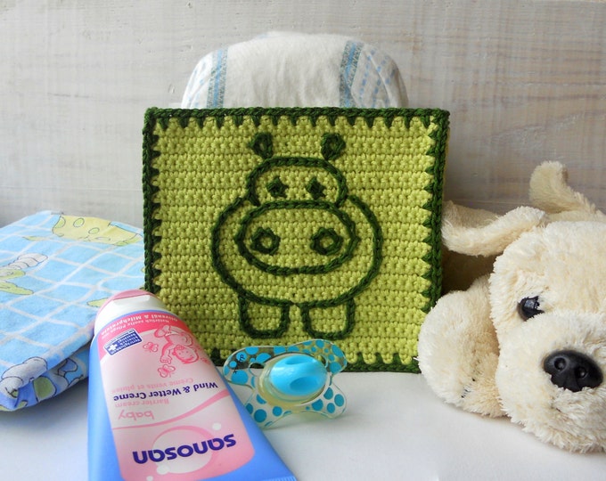 Baby Shower Gift, Hippo Nursery Storage Bin, Crochet Box with Hippo Embroidery, Hippo Nursery Decor, Jungle Nursery Decor, Green Nursery Bin