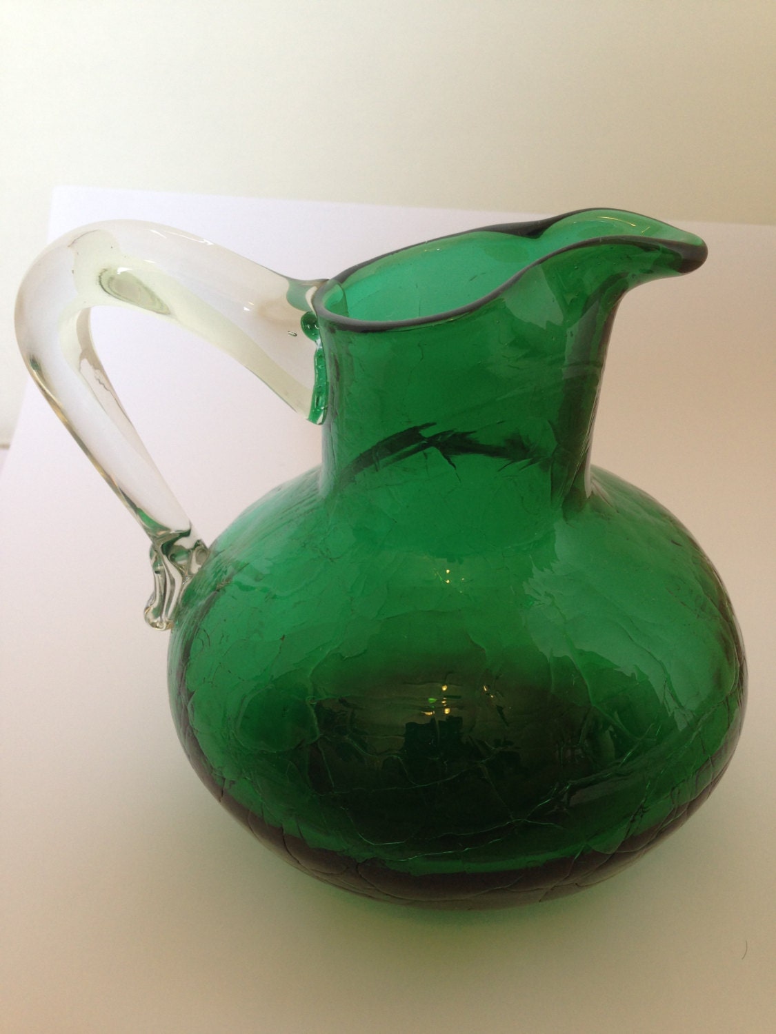 Hand blown glass pitcher green crackle by TheTravelingTortoise