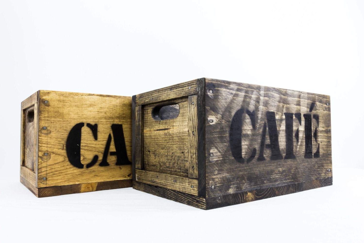 Solid Reclaimed Vintage Pine Wood Crate with Café stamp on the