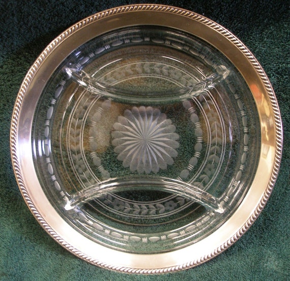 Watson Sterling Silver ThreeSection Glass Serving Dish Tray