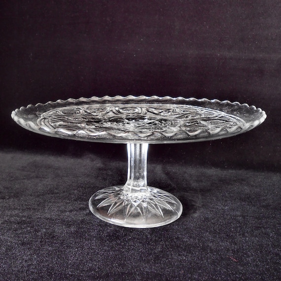 Pressed Glass Cake Stand signed Higbee Glass in the Alfa or Rexford Pattern