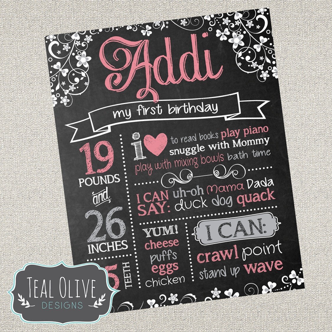 Chic Chalkboard Birthday Sign Girl First Birthday ChalkBoard