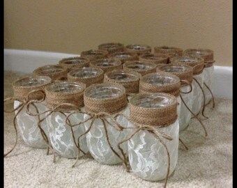 Mason Jar W/ Burlap Lace Detail Candle Holder. Mason Jar Centerpiece. Lace Mason Jar. Burlap Lace Mason Jar. Centerpiece. Candle Holder.