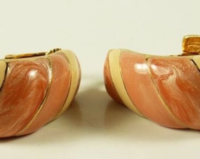 Storewide 25% Off SALE Beautiful Vintage Peach & Cream Trifari Designer Signed Curled Dome Style Earrings Featuring Beautiful Swirl Design a