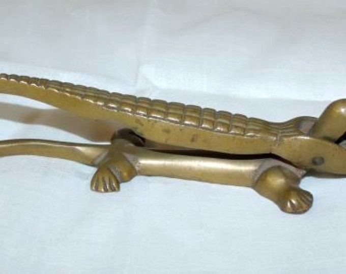 Storewide 25% Off SALE Vintage Solid Brass Alligator Shaped Pivoting Nut Cracker Featuring Raised Textured Design And Realistic Claw Feet Su