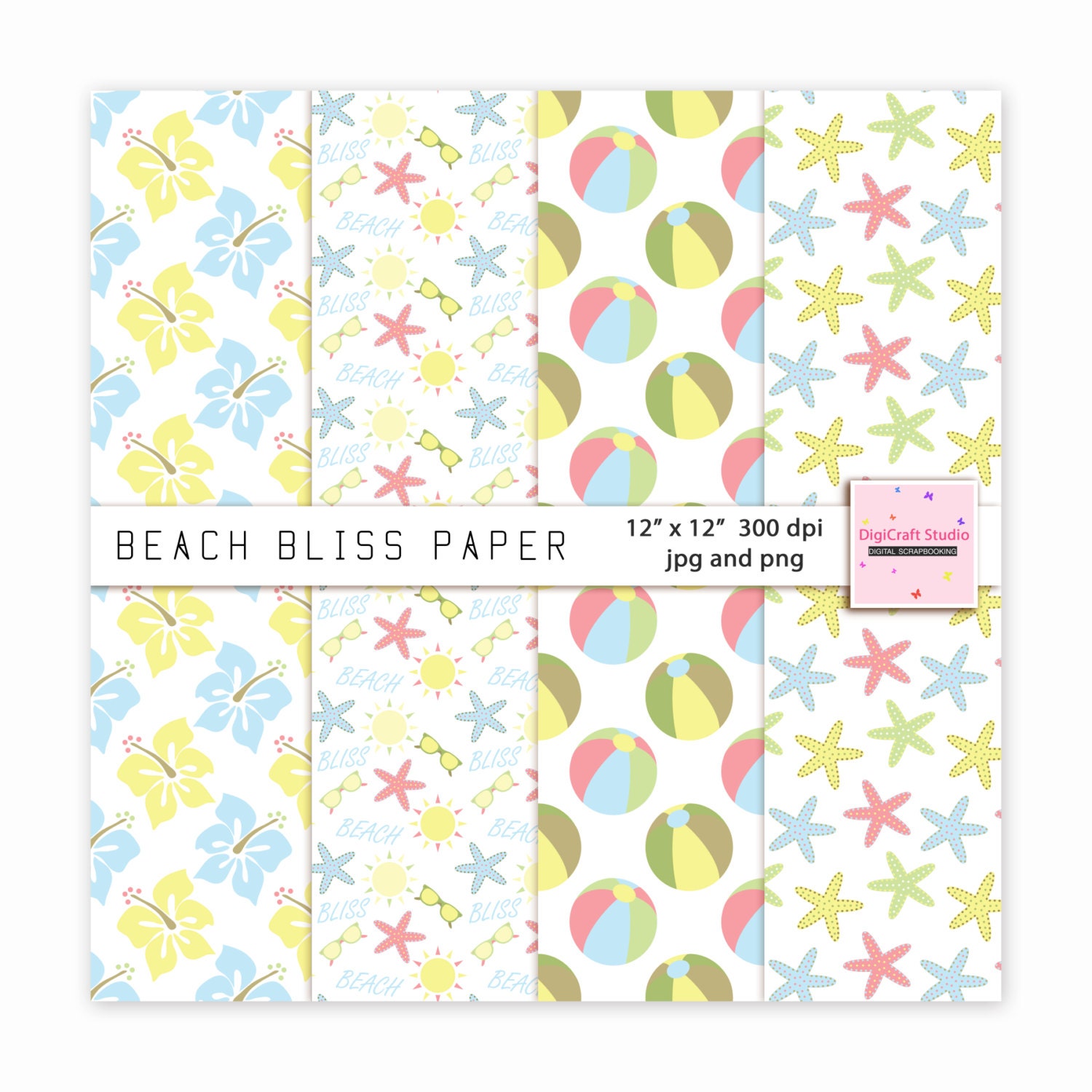 Fun Premade Digital scrapbook paper with beach theme. jpg and