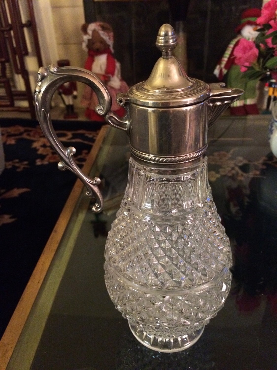 Vintage Heavy Cut Crystal Decanter with Silver Plated Top and Handle Haute Juice