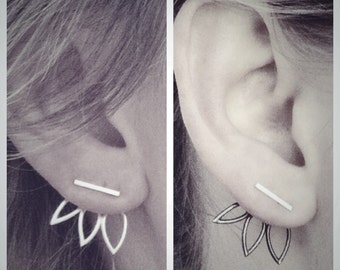 Oxidized Triple Leaf Ear Jackets and Silver Bar Stud Earrings Combo - Sterling Silver - Set of Studs and Jackets - Front Back Earring Set