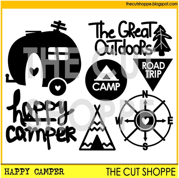 The Happy Camper cut file includes 7 travel/camping themed icons, that can be used for your scrapbooking and papercrafting projects.