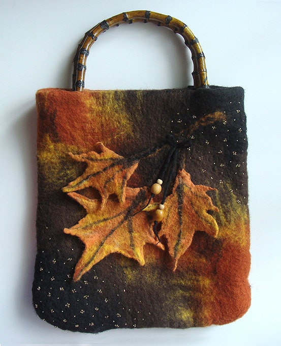 Wool felted purse with leaves Top Handle Bag Wool Purse