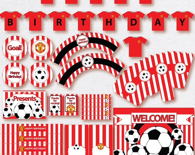Soccer Party Package. Instant download. Printable. Matching Custom invitation available. Manchester United inspired printables.