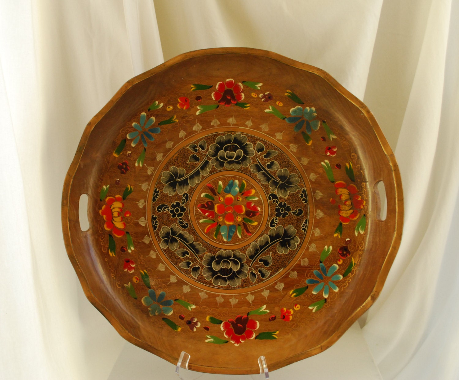 Vintage Hand Painted Mexican Batea / Tole Art Wood Serving Tray