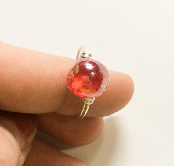 red bubble ring, red glass bubble ring, red and silver ring, silver wire wrapped ring, bubble ring