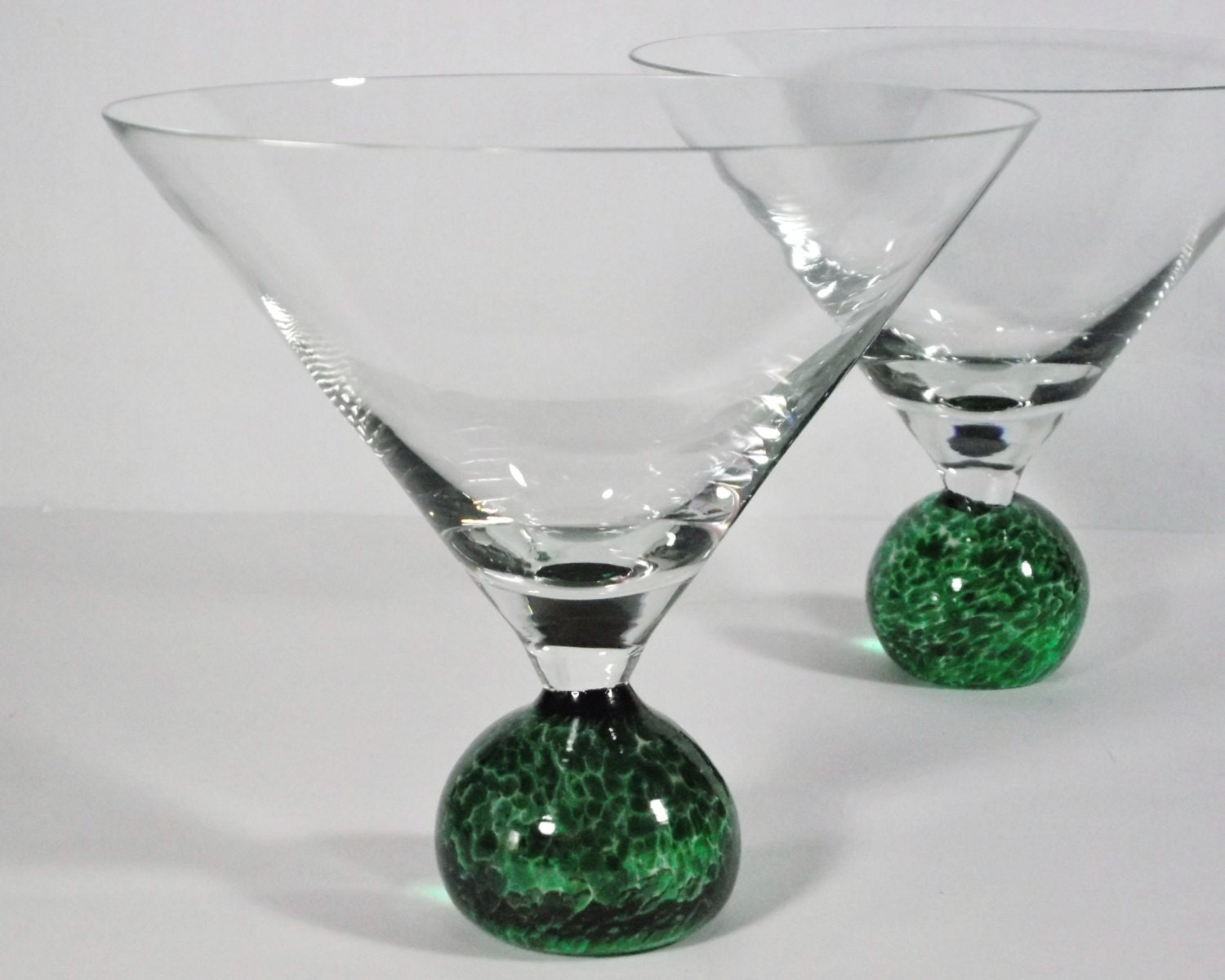 Set of Three 3 HandBlown Green Swirl Ball Stem Martini