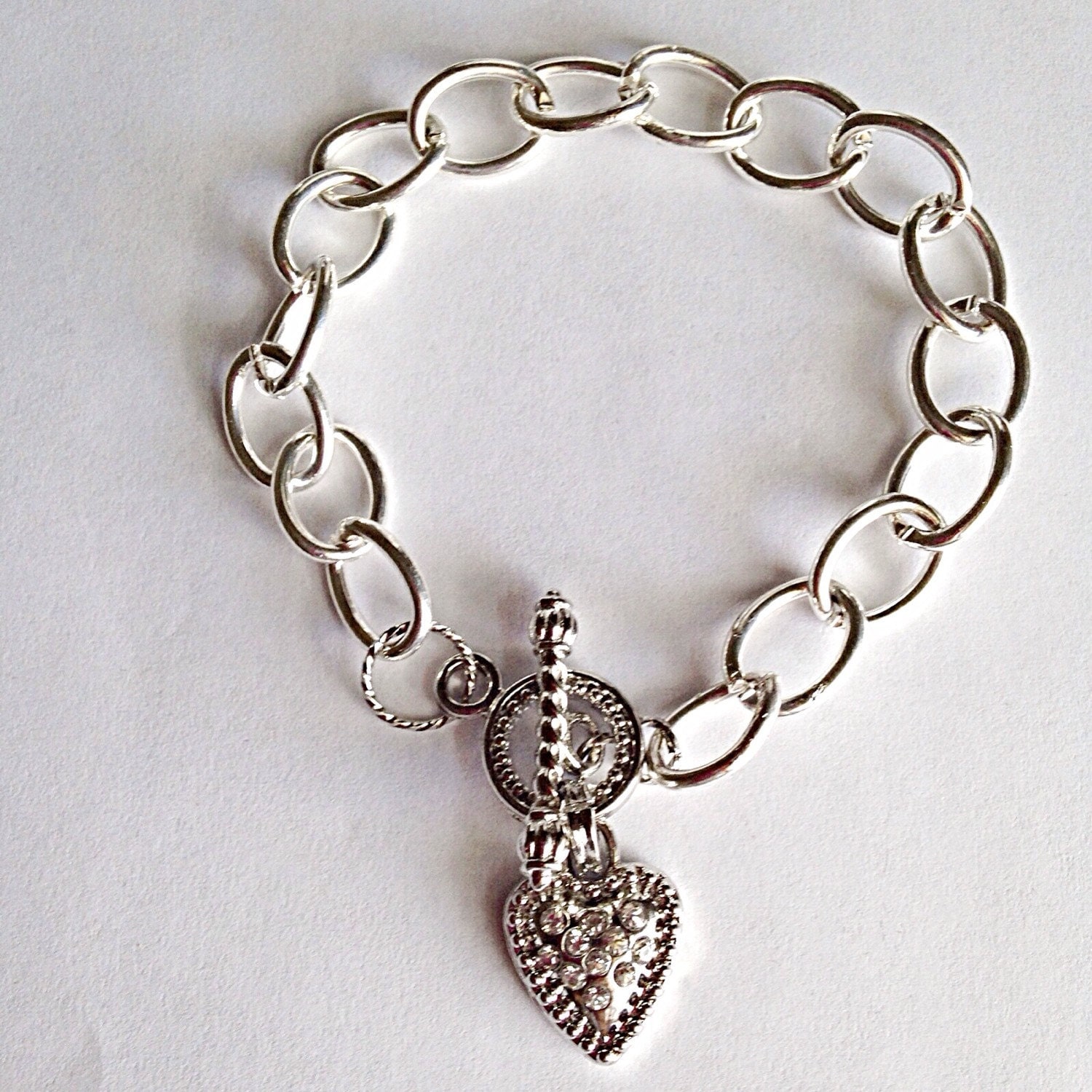 Large Silverplated Chain Link Bracelet With Toggle Heart