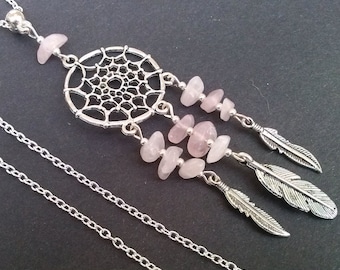 Rose Quartz Dreamcatcher Necklace, Dream Catcher Necklace, Pink Necklace, Tribal Jewelry , Primitive Jewelry , Handmade Jewelry , Boho Gift