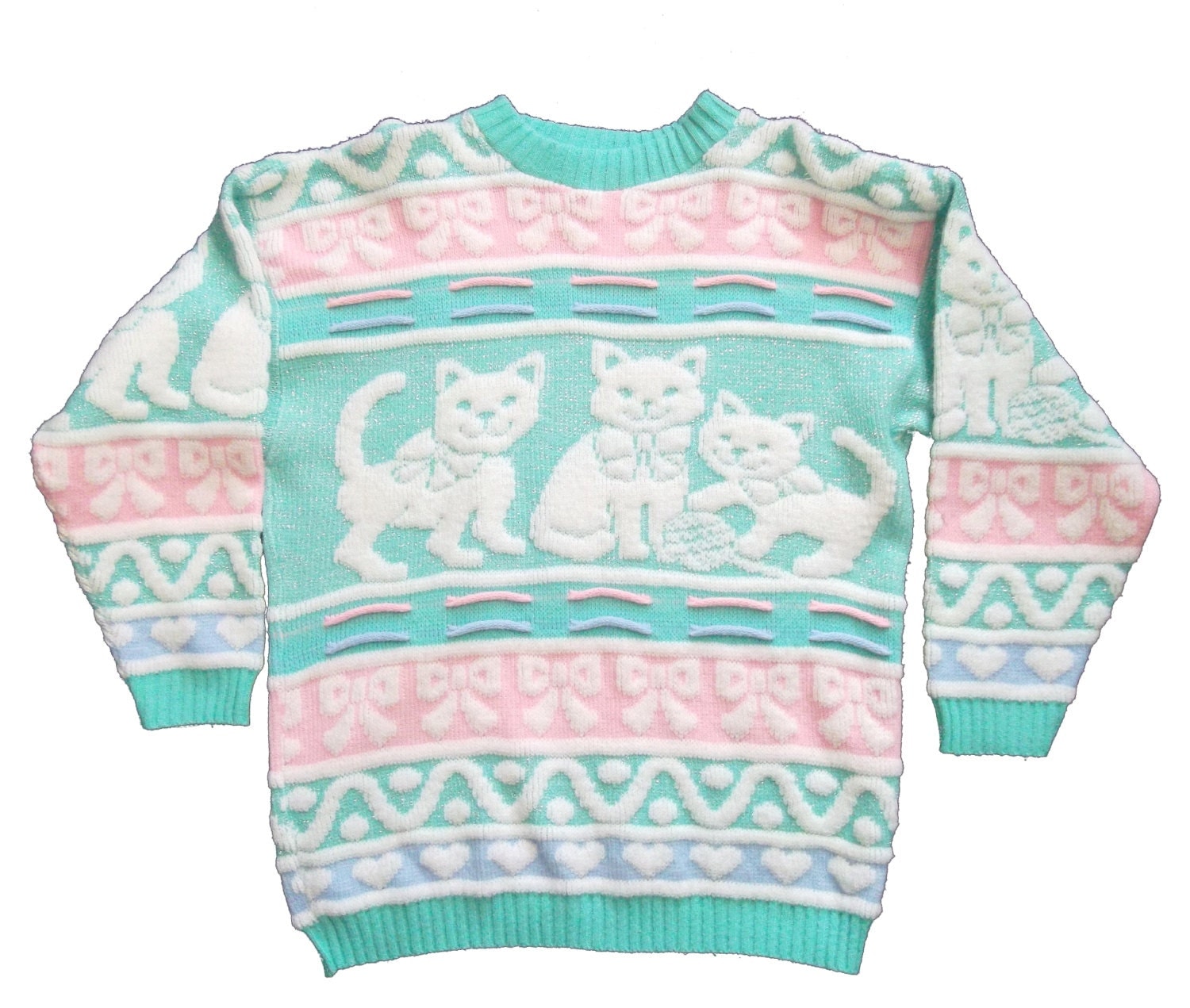 Vintage Pastel Cat Sweater Fairy Kei Sparkle Glitter