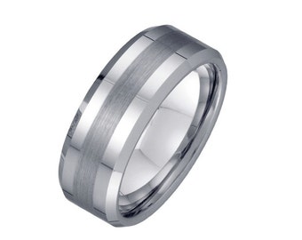 Mens 8mm Tungsten Wedding Band - Brushed line Custom Ring Engravable - Men's Engagement Anniversary Ring