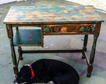 SOLD - Farmhouse Vintage Antique Desk, shabby chic distressed shades of green w/ warm metallic undertones & garden hose turn knobs on staine