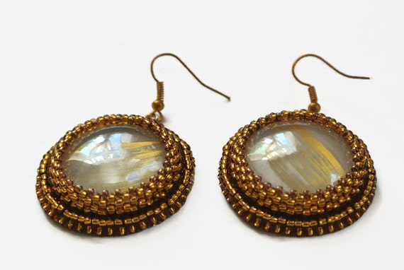 Golden Dangle Earrings Round Earrings Bead Embroidered