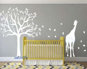 Nursery wall decals Tree wall stencil White tree wall decals Giraffe wall stencils Tree wall decal for nursery White nursery wall mural