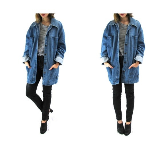 90s Oversized Long Denim Jacket Womens Vintage Denim Jacket 