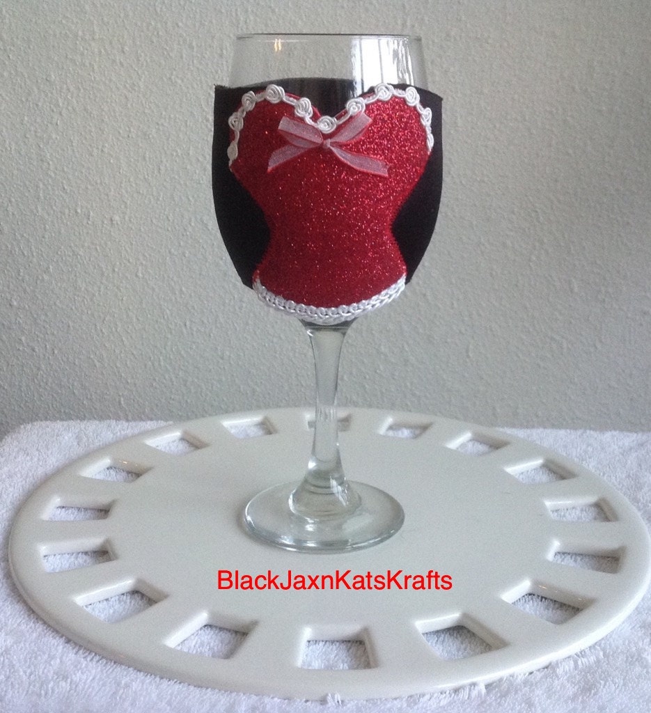Embellished Wine Glass Koozie/Red and Black with white trim.