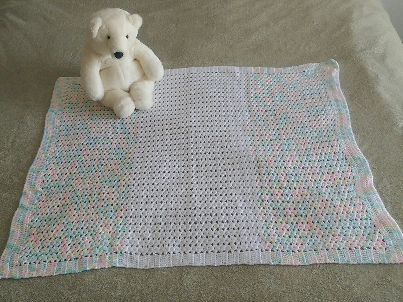 Crochet Baby Blanket 33 x 33 White & Variegated