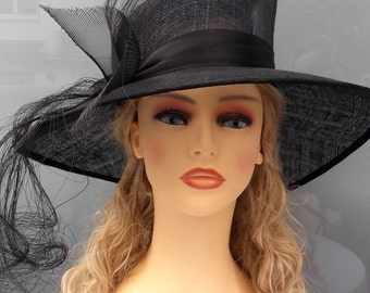 Vintage style hat, Black sinamay hat, Wedding hat, Event hat, Ascot hat, Race hat, Derby hat