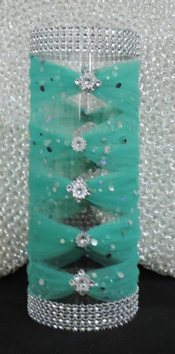 Teal Tulle Corset Cylinder Vase Wedding Centerpiece
