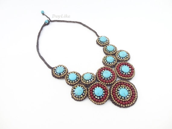 for embroidery thread wax beads, turquoise with brown stone necklace red brass embroidery Blue