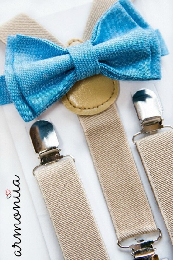 Malibu Blue Bow Tie Beige / Tan Suspenders by armoniia on Etsy