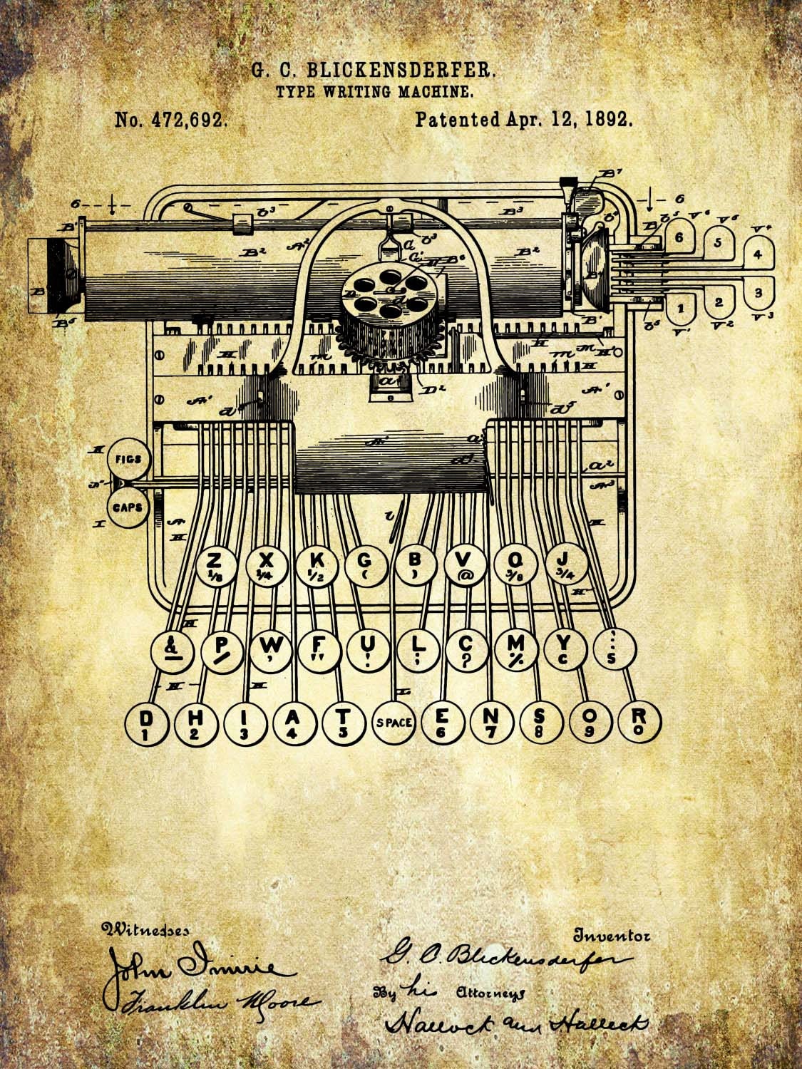 Typewriter Patent Poster Original 1892 Patent by PastTensePosters