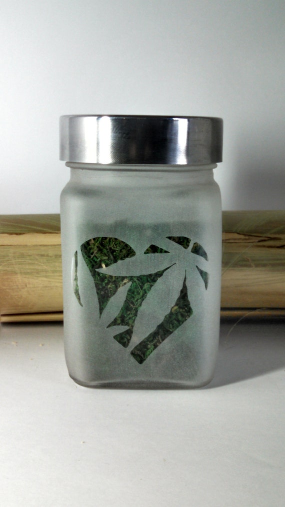 Pot Leaf Heart Etched Glass Stash Jar Medical by Twisted420Glass