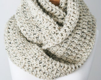 Oversized Knitted Wool Scarf, Chunky Infinity Scarf, Handmade Scarf in Oatmeal