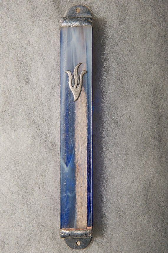 TwoTone Blue & Clear Glass Mezuzah Case Handmade Mezuzah