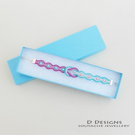 Soutache Fuchsia Pink and Turquoise Blue Bracelet with Disco Beads