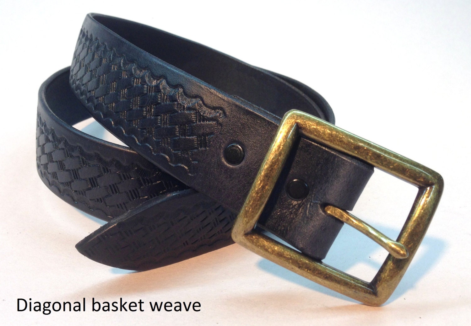 Diagonal basket weave black leather belt. Black belt.