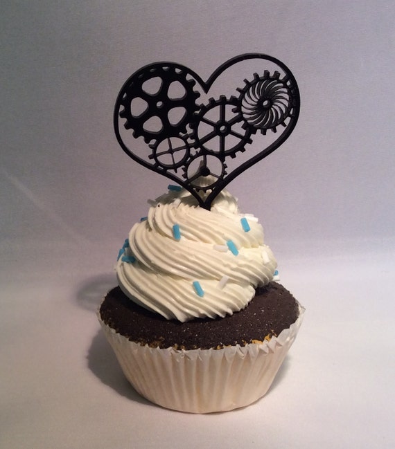 Items similar to Steampunk Cupcake Topper,(Gear Heart) 6 Pack on Etsy