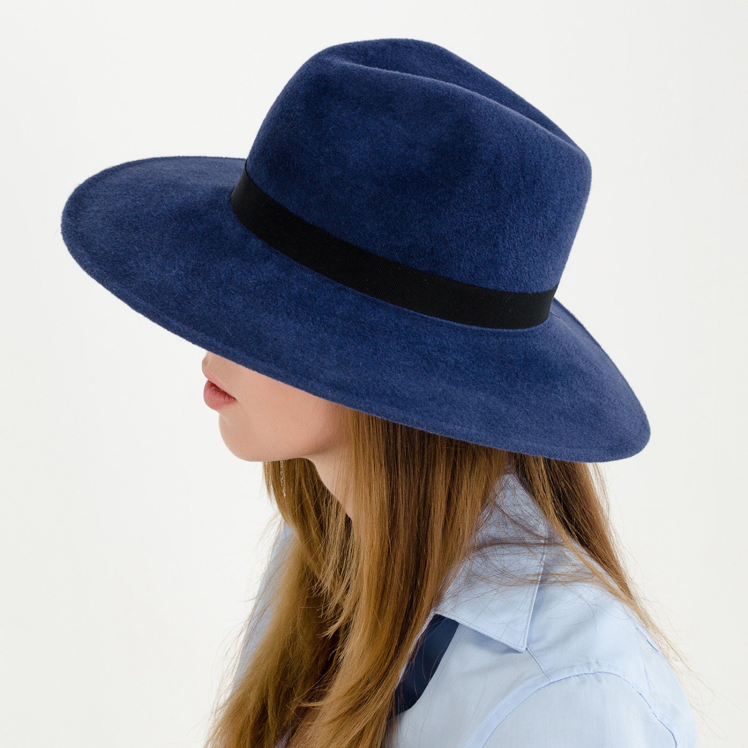 Dark blue wide brim fedora hat / felted fedora hat by Fotralehats