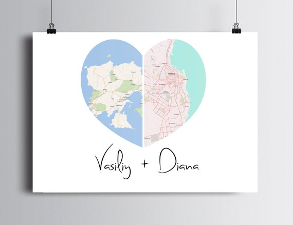 Personalized heart map print, Wedding or Engagement Gift, Choose any two cities, Custom Wedding Gift, Engagement Print