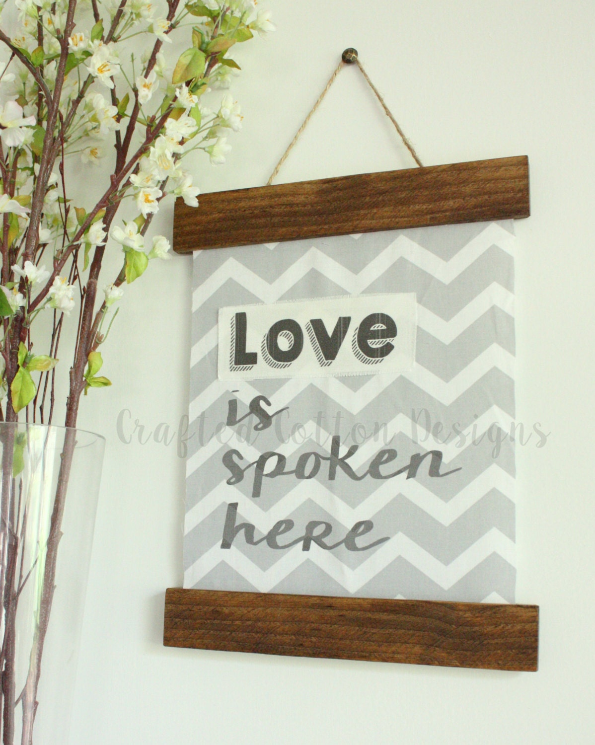 Printed fabric wall hanging Love is by CraftedCottonDesigns