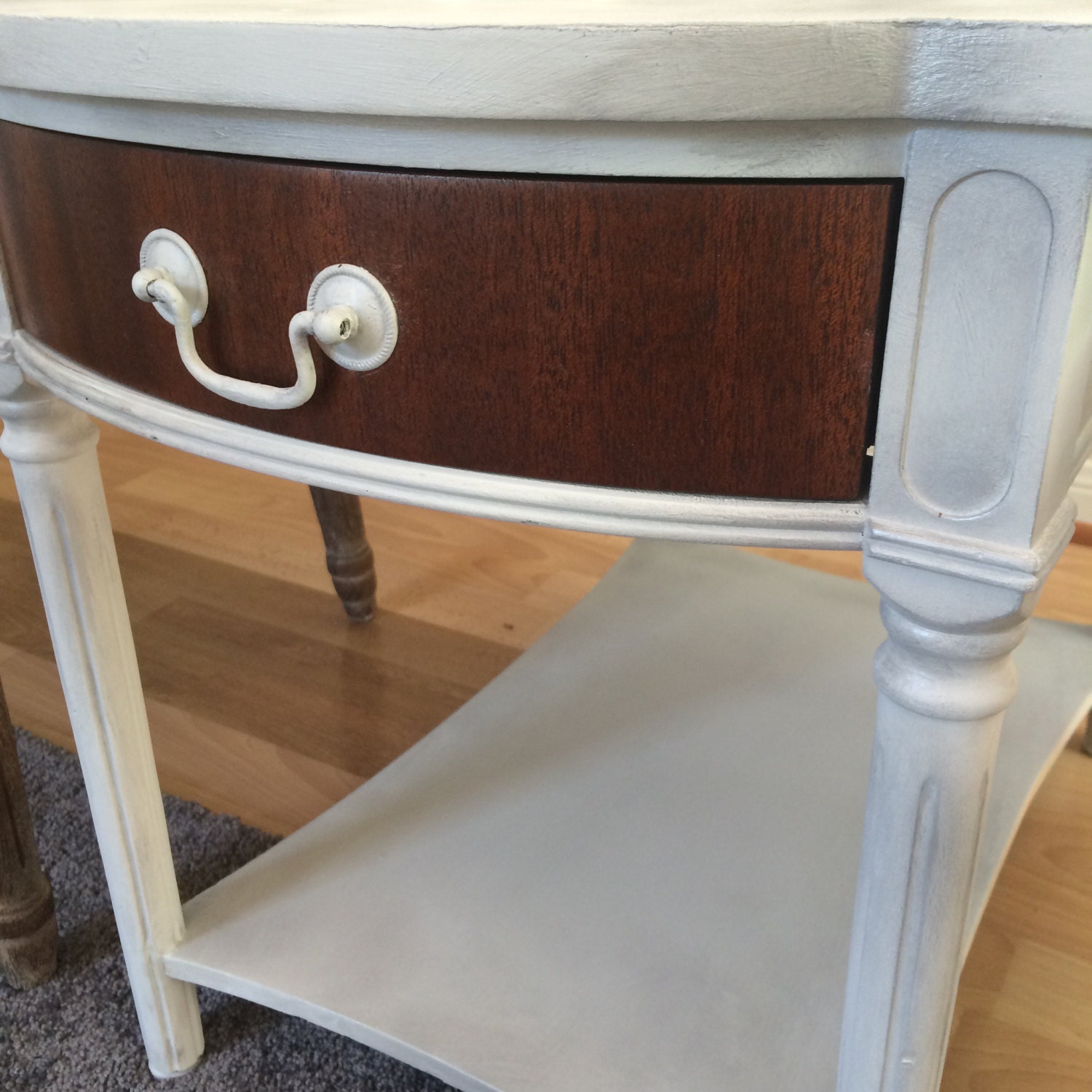 Vintage end table chalk painted TWO TONE wood drawer by NMDdecor