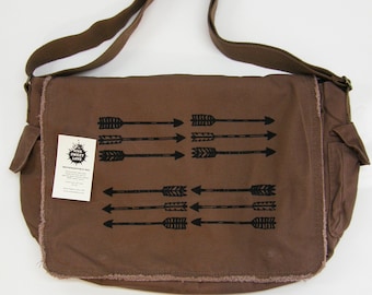 Arrows Messenger Bag, Screen Printed Cotton Canvas Messenger Bag, Gift for Men, Mens Messenger Bag, Computer Bag, Rustic Day Bag