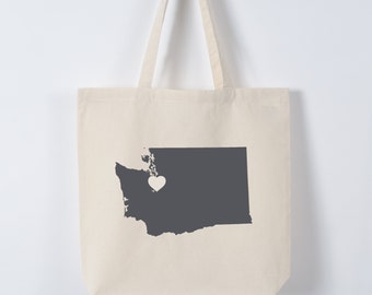 WASHINGTON LOVE eco TOTE Seattle charcoal state silhouette heart on natural bag